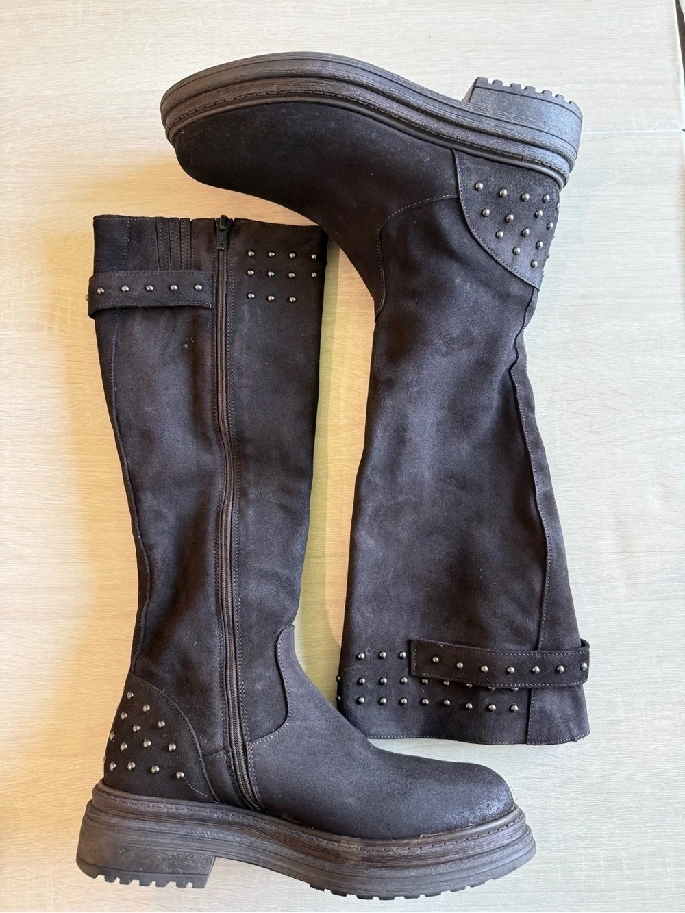 Emanuele Crasto Italy Brown Suede Studded Knee High Boots Women’s EU 38